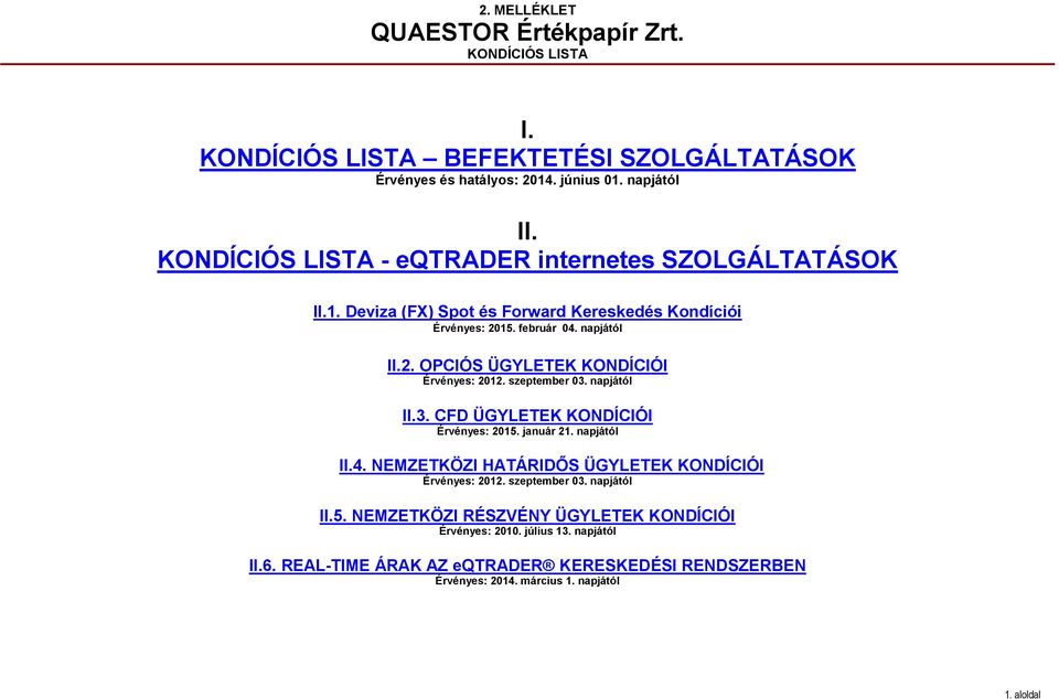 szeptember 03. napjától II.3. CFD ÜGYLETEK KONDÍCIÓI Érvényes: 2015. január 21. napjától II.4. NEMZETKÖZI HATÁRIDŐS ÜGYLETEK KONDÍCIÓI Érvényes: 2012. szeptember 03.