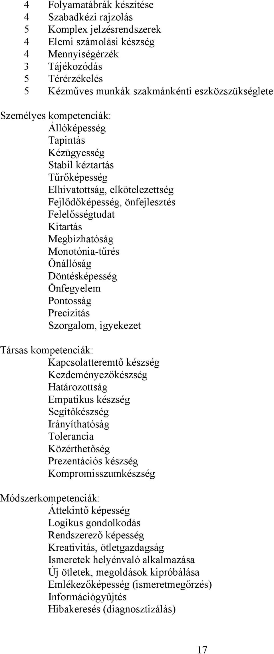 Monotónia-tűrés Önállóság Döntésképesség Önfegyelem Pontosság Precizitás Szorgalom, igyekezet Társas kompetenciák: Kapcsolatteremtő készség Kezdeményezőkészség Határozottság Empatikus készség