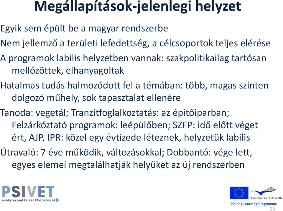sok tapasztalat ellenére Tanoda: vegetál; Tranzitfoglalkoztatás: az építőiparban; Felzárkóztató programok: leépülőben; SZFP: idő előtt véget ért, AJP, IPR: