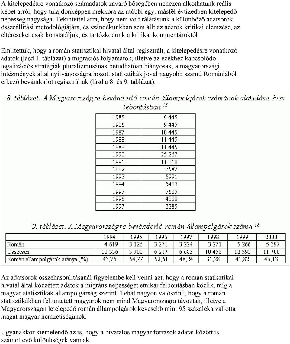 tartózkodunk a kritikai kommentároktól. Említettük, hogy a román statisztikai hivatal által regisztrált, a kitelepedésre vonatkozó adatok (lásd 1.