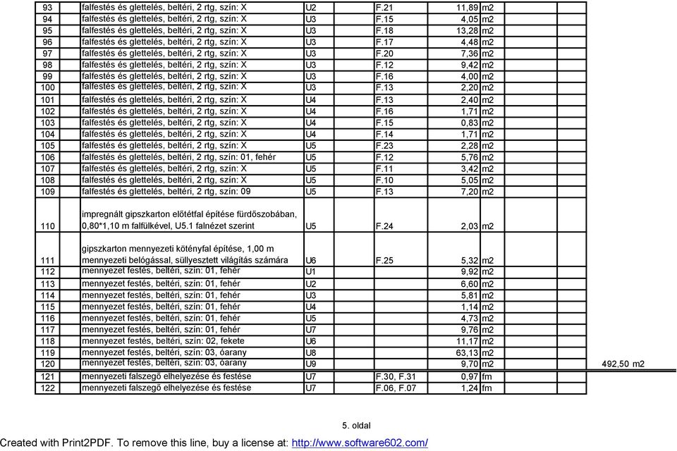 20 7,36 m2 98 falfestés és glettelés, beltéri, 2 rtg, szín: X U3 F.12 9,42 m2 99 falfestés és glettelés, beltéri, 2 rtg, szín: X U3 F.