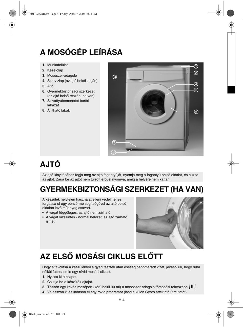 Állítható lábak 3 1 2 4 5 6 7 8 AJTÓ Az ajtó kinyitásához fogja meg az ajtó fogantyúját, nyomja meg a fogantyú belső oldalát, és húzza az ajtót.