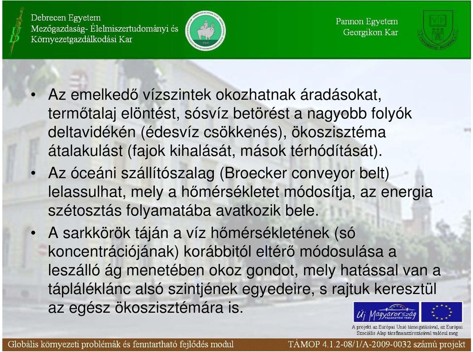 Az óceáni szállítószalag (Broecker conveyor belt) lelassulhat, mely a hımérsékletet módosítja, az energia szétosztás folyamatába avatkozik bele.