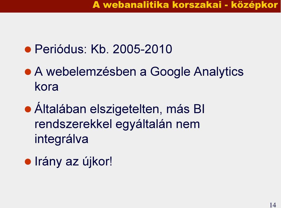 Analytics kora Általában elszigetelten, más BI