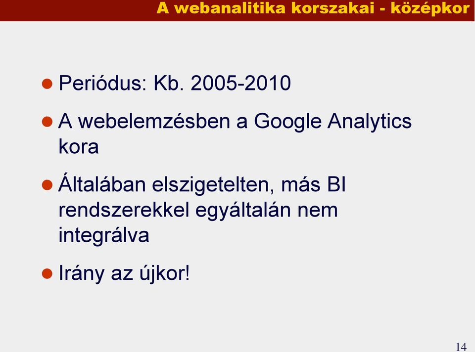 Analytics kora Általában elszigetelten, más BI