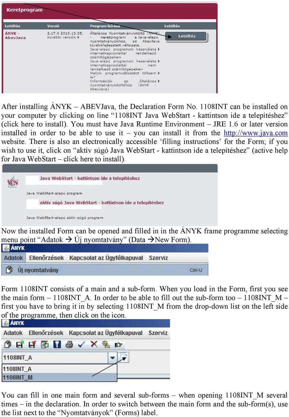 There is also an electronically accessible filling instructions for the Form; if you wish to use it, click on aktív súgó Java WebStart - kattintson ide a telepítéshez (active help for Java WebStart
