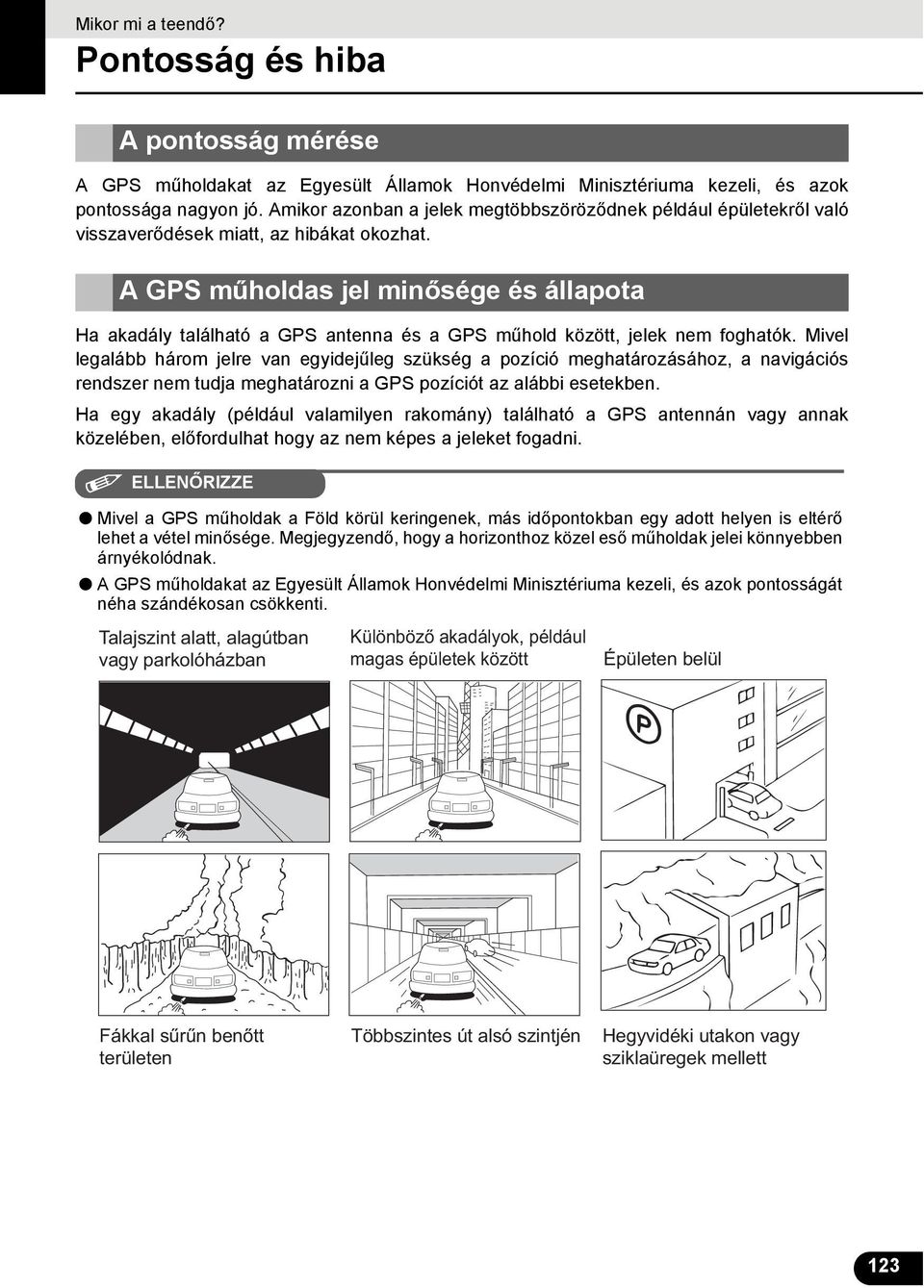 A GPS műholdas jel minősége és állapota Ha akadály található a GPS antenna és a GPS műhold között, jelek nem foghatók.