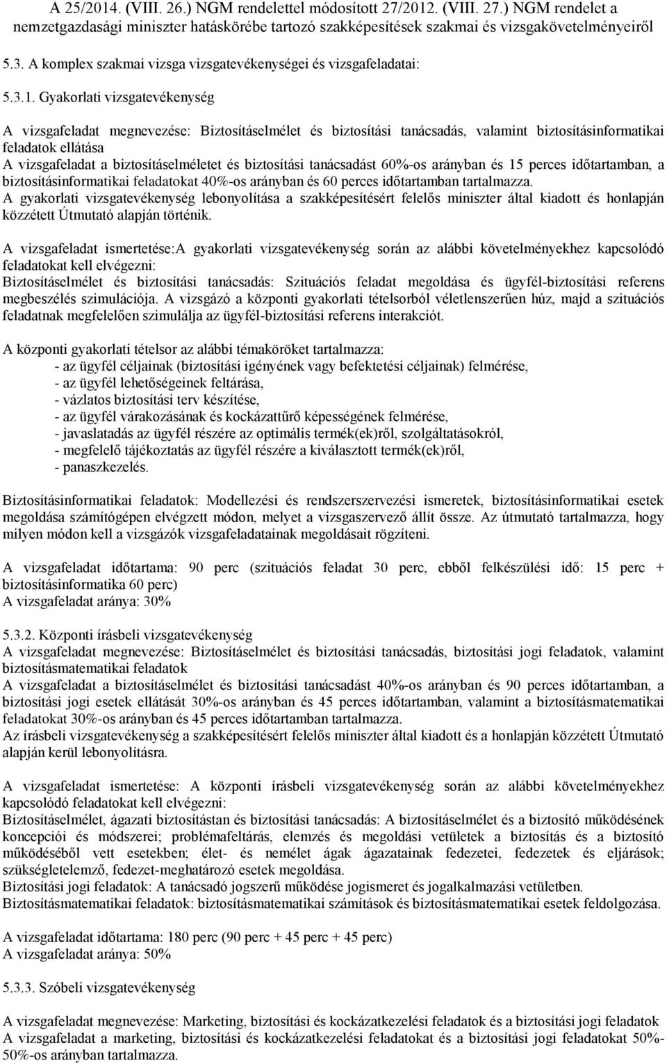 biztosítási tanácsadást 60%-os arányban és 15 perces időtartamban, a biztosításinformatikai feladatokat 40%-os arányban és 60 perces időtartamban tartalmazza.