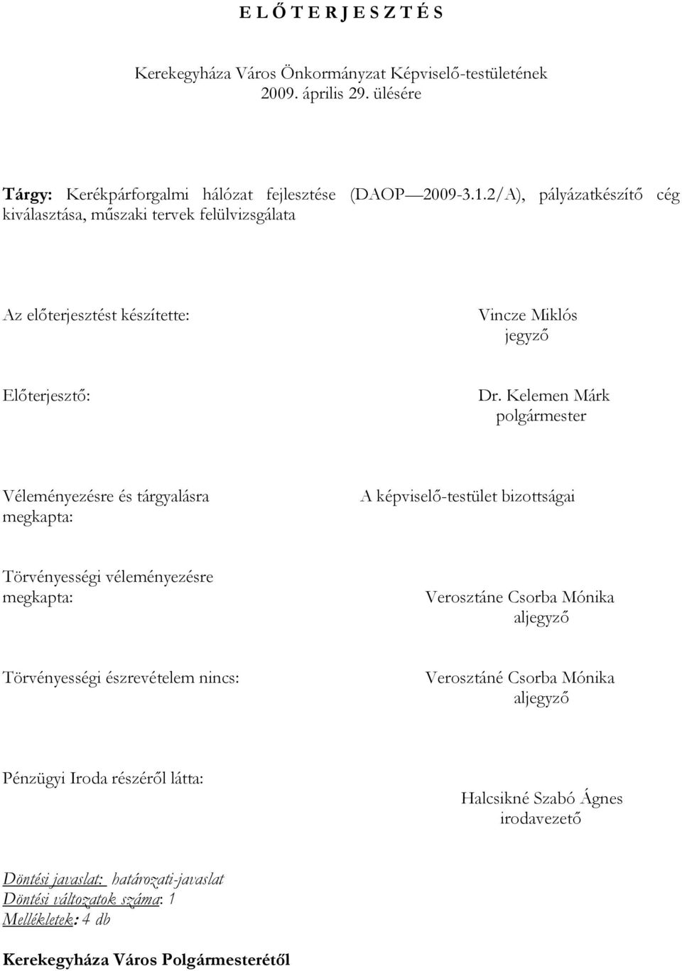 Kelemen Márk polgármester Véleményezésre és tárgyalásra megkapta: A képviselő-testület bizottságai Törvényességi véleményezésre megkapta: Verosztáne Csorba Mónika aljegyző