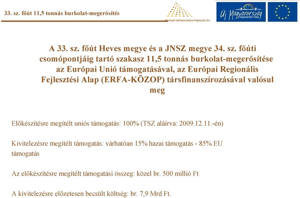 főúti csomópontjáig tartó szakasz 11,5 tonnás burkolat-megerősítése az Európai Unió támogatásával, az Európai Regionális Fejlesztési Alap