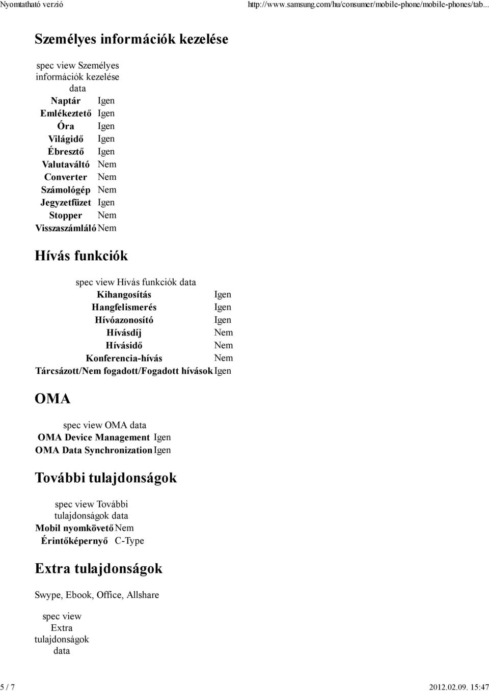 Nem Jegyzetfüzet Stopper Nem VisszaszámlálóNem Hívás funkciók spec view Hívás funkciók Kihangosítás Hangfelismerés Hívóazonosító Hívásdíj Nem Hívásidő Nem