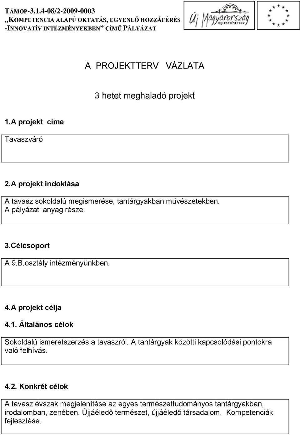 osztály intézményünkben. 4.A projekt célja 4.1. Általános célok Sokoldalú ismeretszerzés a tavaszról.