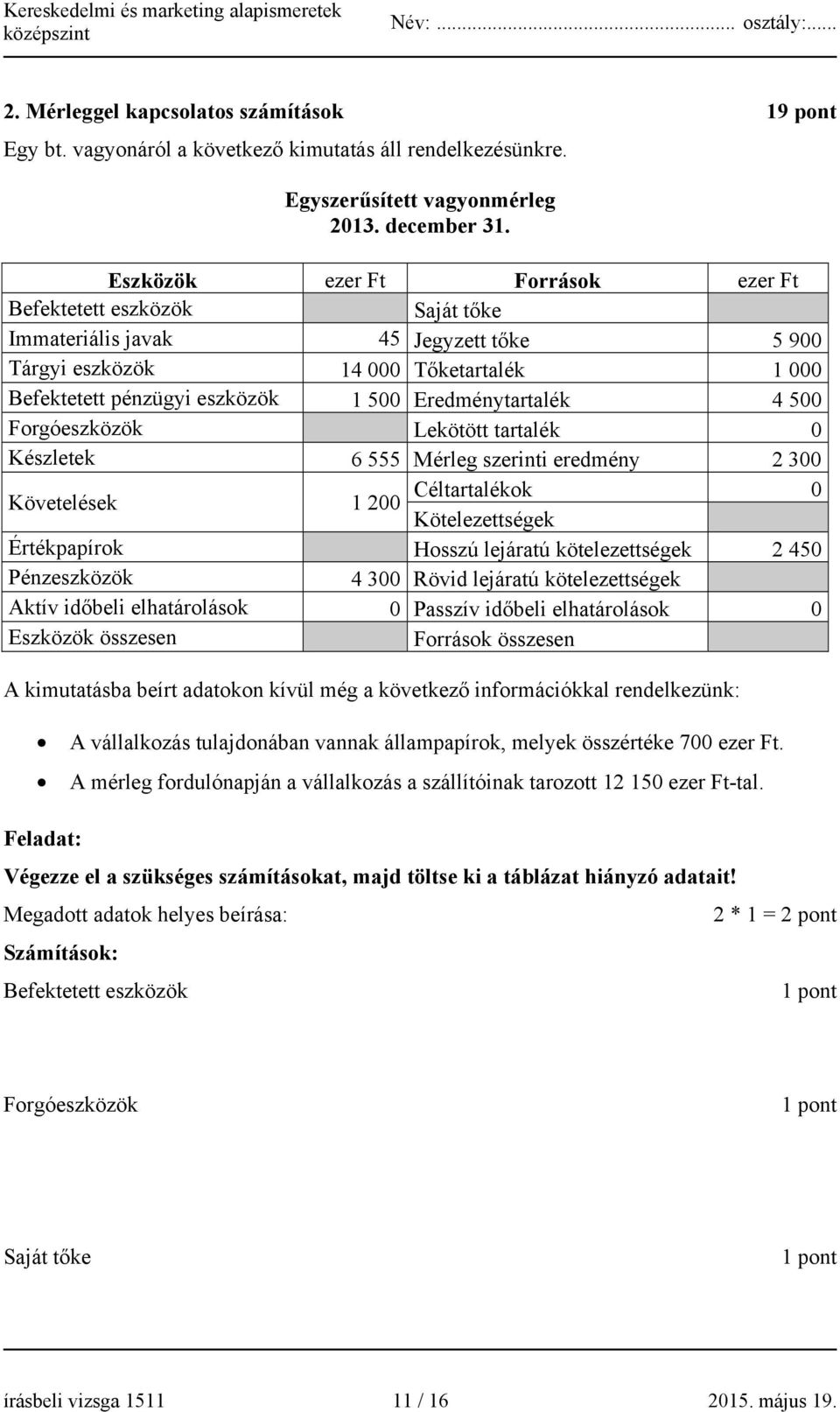 Eredménytartalék 4 500 Forgóeszközök Lekötött tartalék 0 Készletek 6 555 Mérleg szerinti eredmény 2 300 Követelések 1 200 Céltartalékok 0 Kötelezettségek Értékpapírok Hosszú lejáratú kötelezettségek