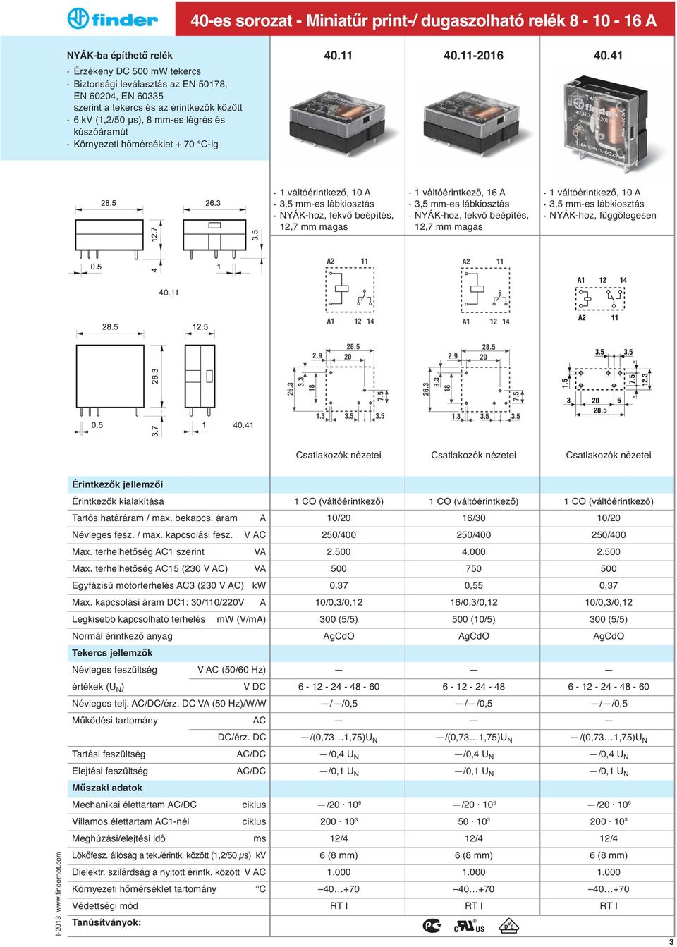 41 1 váltóérintkező, 10 A 3,5 mm-es lábkiosztás NYÁK-hoz, fekvő beépítés, 12,7 mm magas 1 váltóérintkező, 16 A 3,5 mm-es lábkiosztás NYÁK-hoz, fekvő beépítés, 12,7 mm magas 1 váltóérintkező, 10 A 3,5