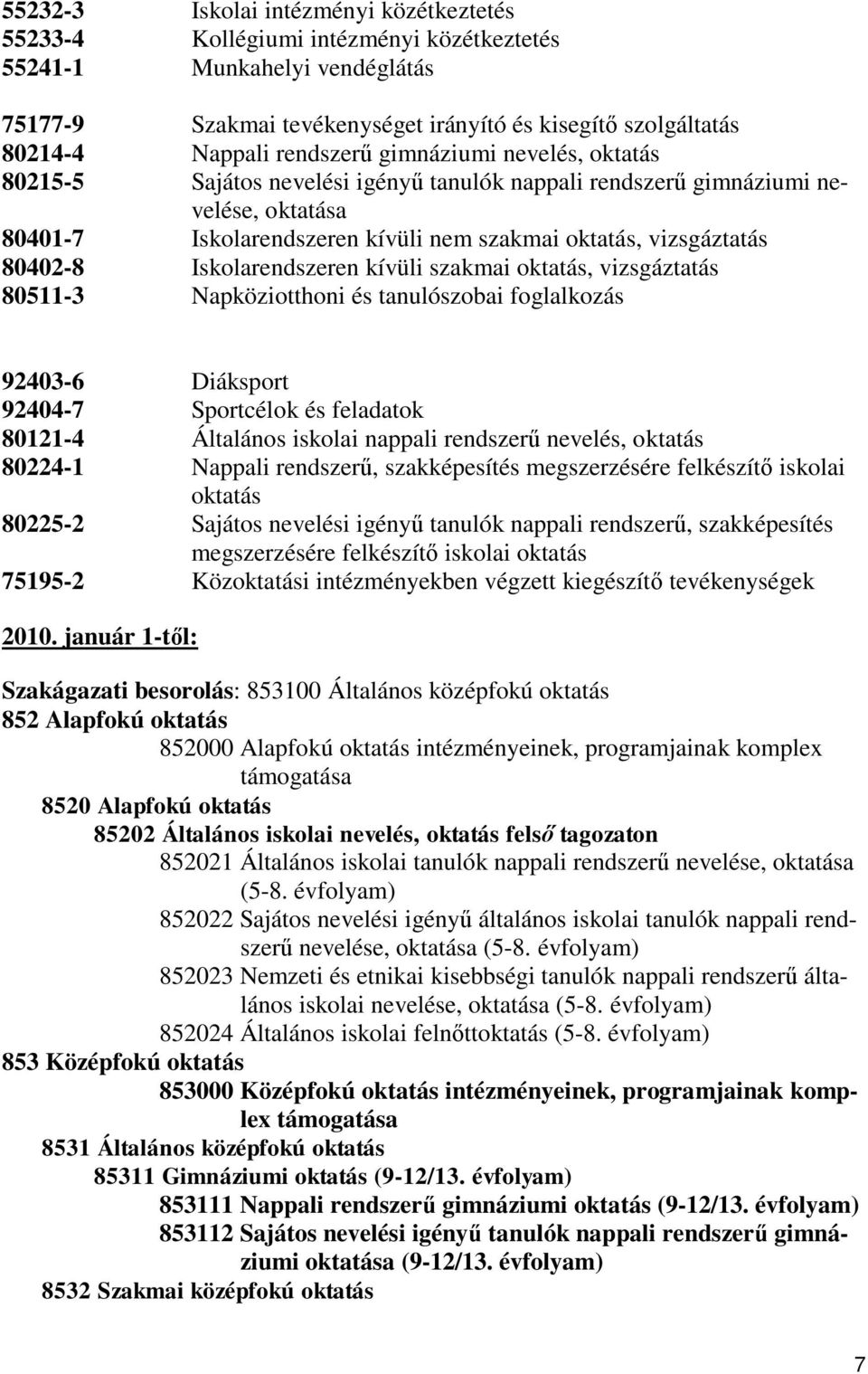 Iskolarendszeren kívüli szakmai oktatás, vizsgáztatás 80511-3 Napköziotthoni és tanulószobai foglalkozás 92403-6 Diáksport 92404-7 Sportcélok és feladatok 80121-4 Általános iskolai nappali rendszerű