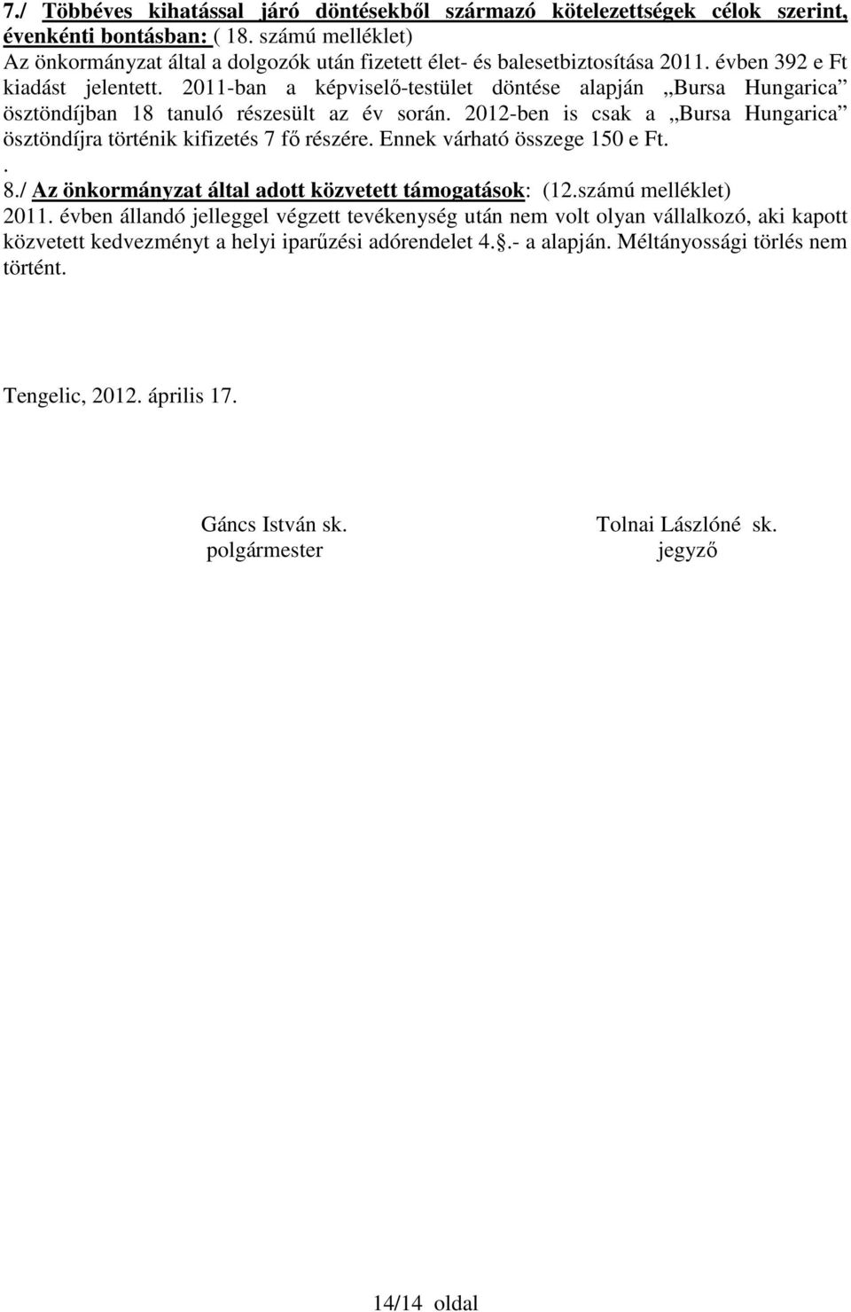 2011-ban a képviselő-testület döntése alapján Bursa Hungarica ösztöndíjban 18 tanuló részesült az év során. 2012-ben is csak a Bursa Hungarica ösztöndíjra történik kifizetés 7 fő részére.