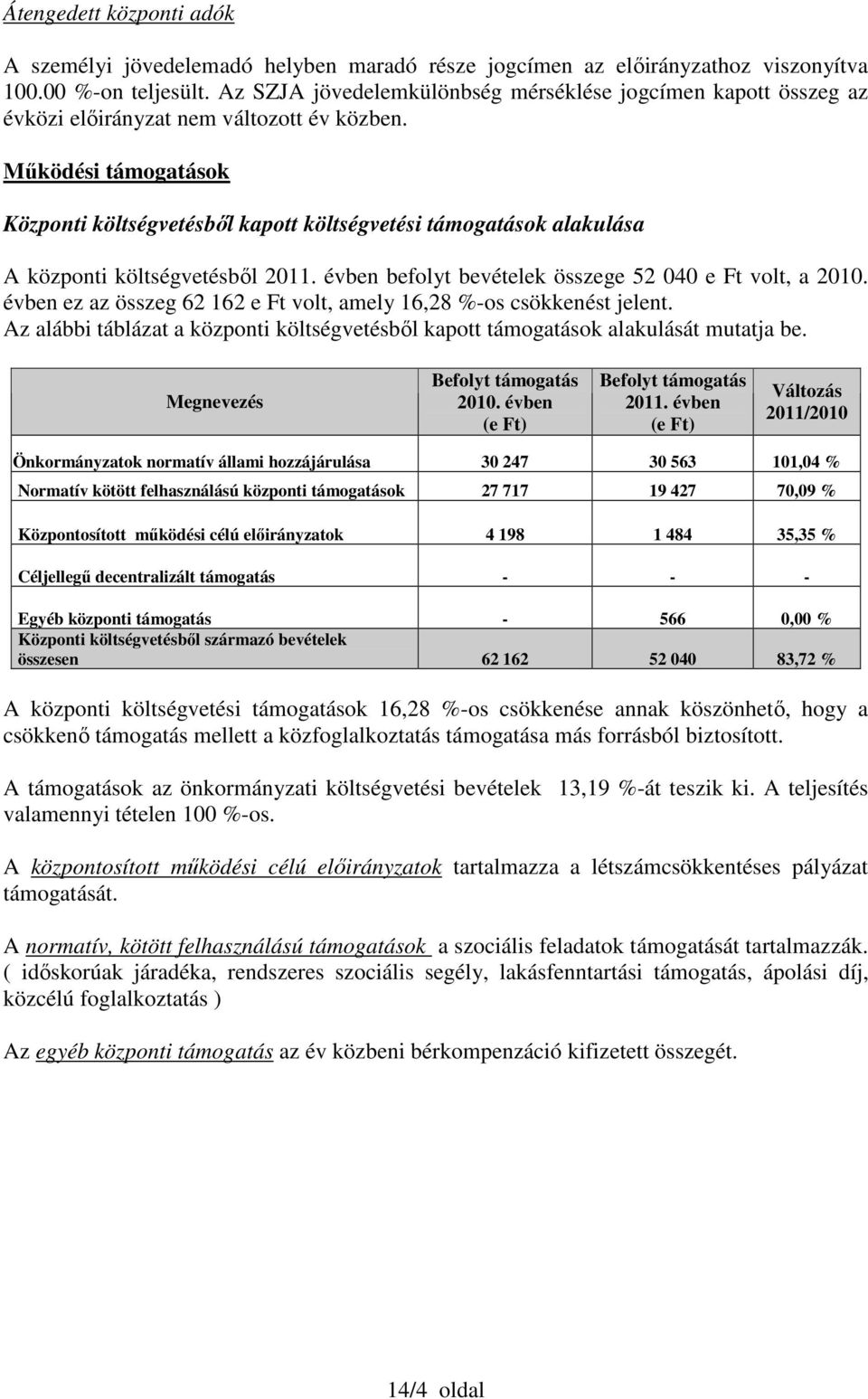 Működési támogatások Központi költségvetésből kapott költségvetési támogatások alakulása A központi költségvetésből 2011. évben befolyt bevételek összege 52 040 e Ft volt, a 2010.