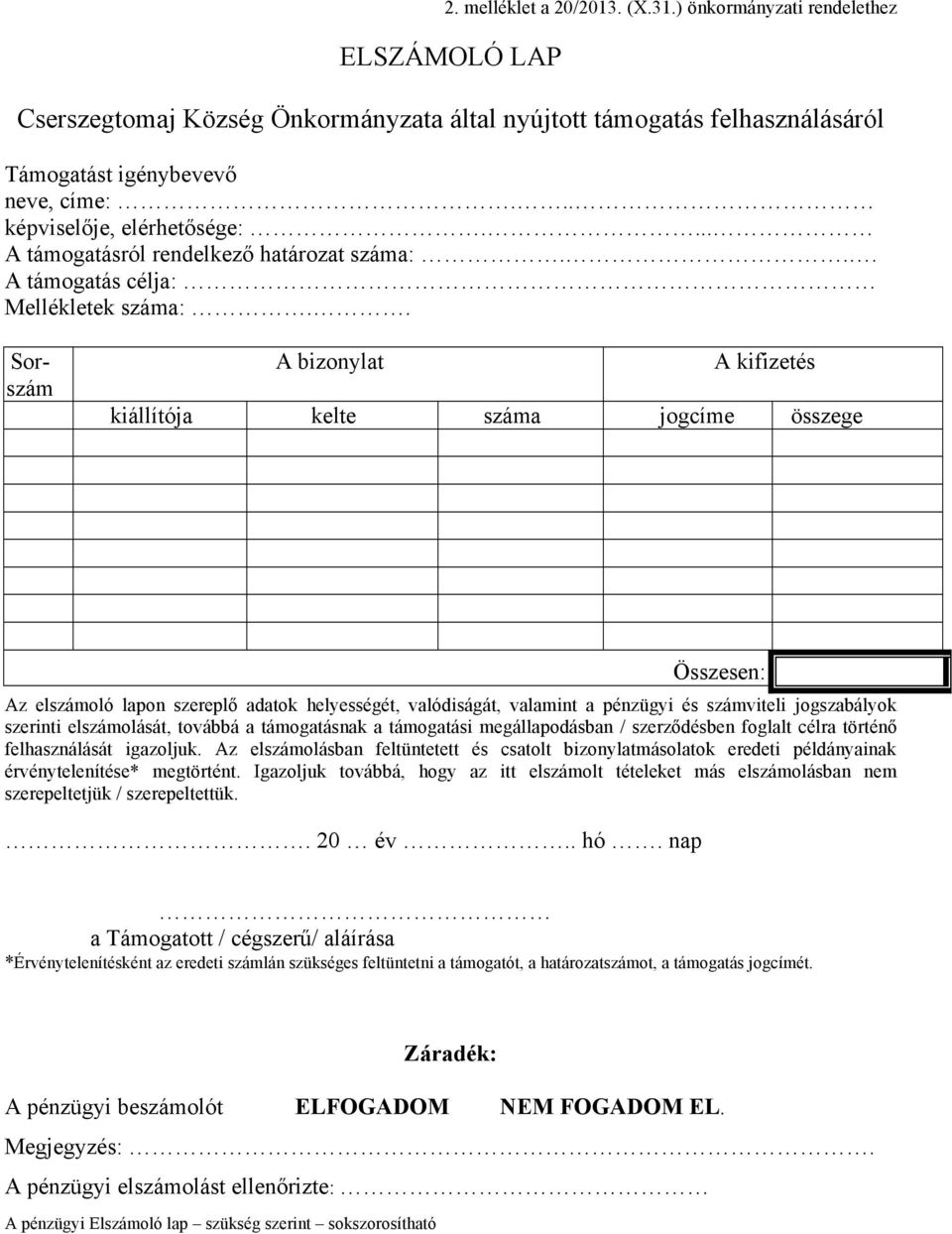 . Sorszám A bizonylat A kifizetés kiállítója kelte száma jogcíme összege Összesen: Az elszámoló lapon szereplő adatok helyességét, valódiságát, valamint a pénzügyi és számviteli jogszabályok szerinti