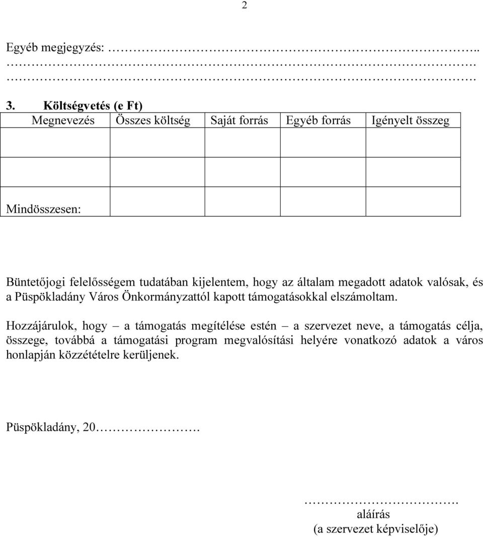 kijelentem, hogy az általam megadott adatok valósak, és a Püspökladány Város Önkormányzattól kapott támogatásokkal elszámoltam.