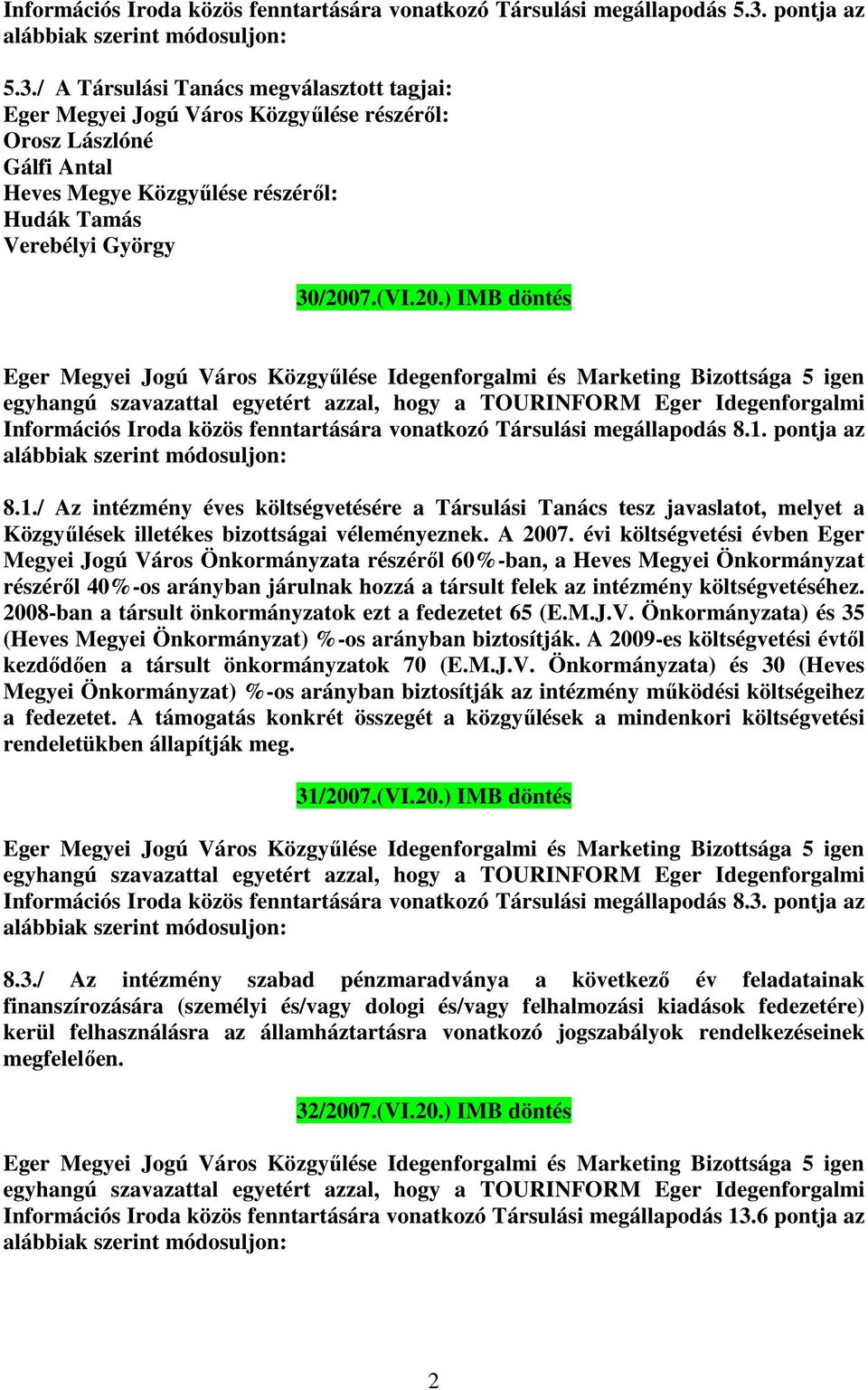/ A Társulási Tanács megválasztott tagjai: Eger Megyei Jogú Város Közgyűlése részéről: Orosz Lászlóné Gálfi Antal Heves Megye Közgyűlése részéről: Hudák Tamás Verebélyi György 30/200