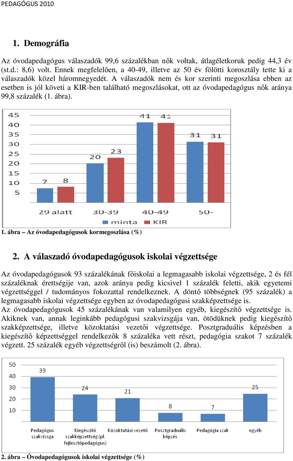 A válaszadók nem és kor szerinti megoszlása ebben az esetben is jól követi a KIR-ben található megoszlásokat, ott az óvodapedagógus nık aránya 99,8 százalék (1. ábra). 1.