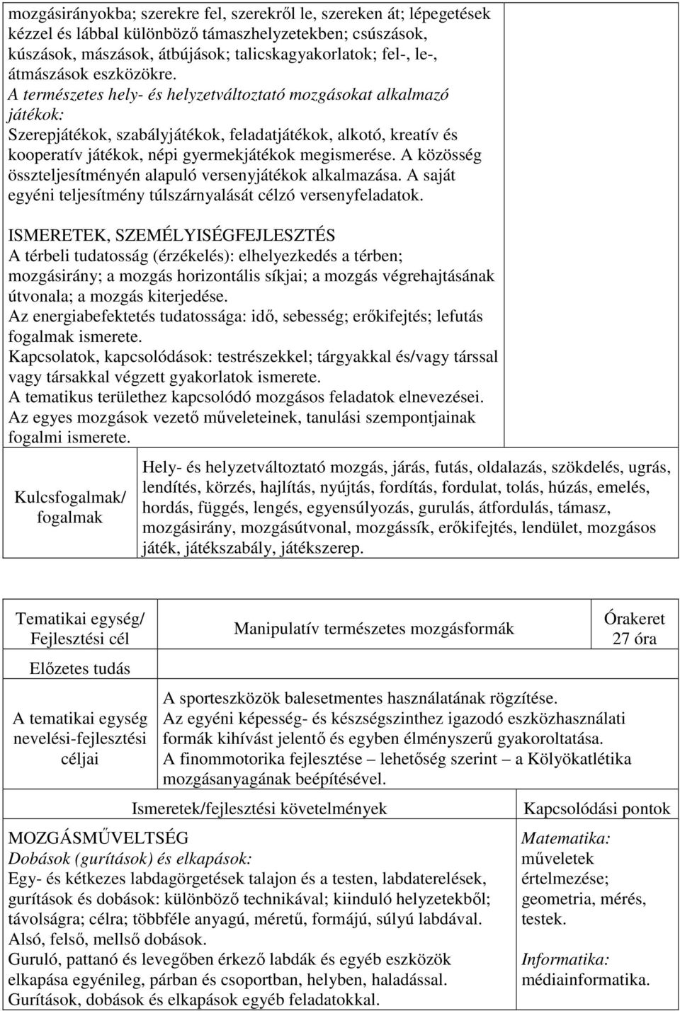 A természetes hely- és helyzetváltoztató mozgásokat alkalmazó játékok: Szerepjátékok, szabályjátékok, feladatjátékok, alkotó, kreatív és kooperatív játékok, népi gyermekjátékok megismerése.