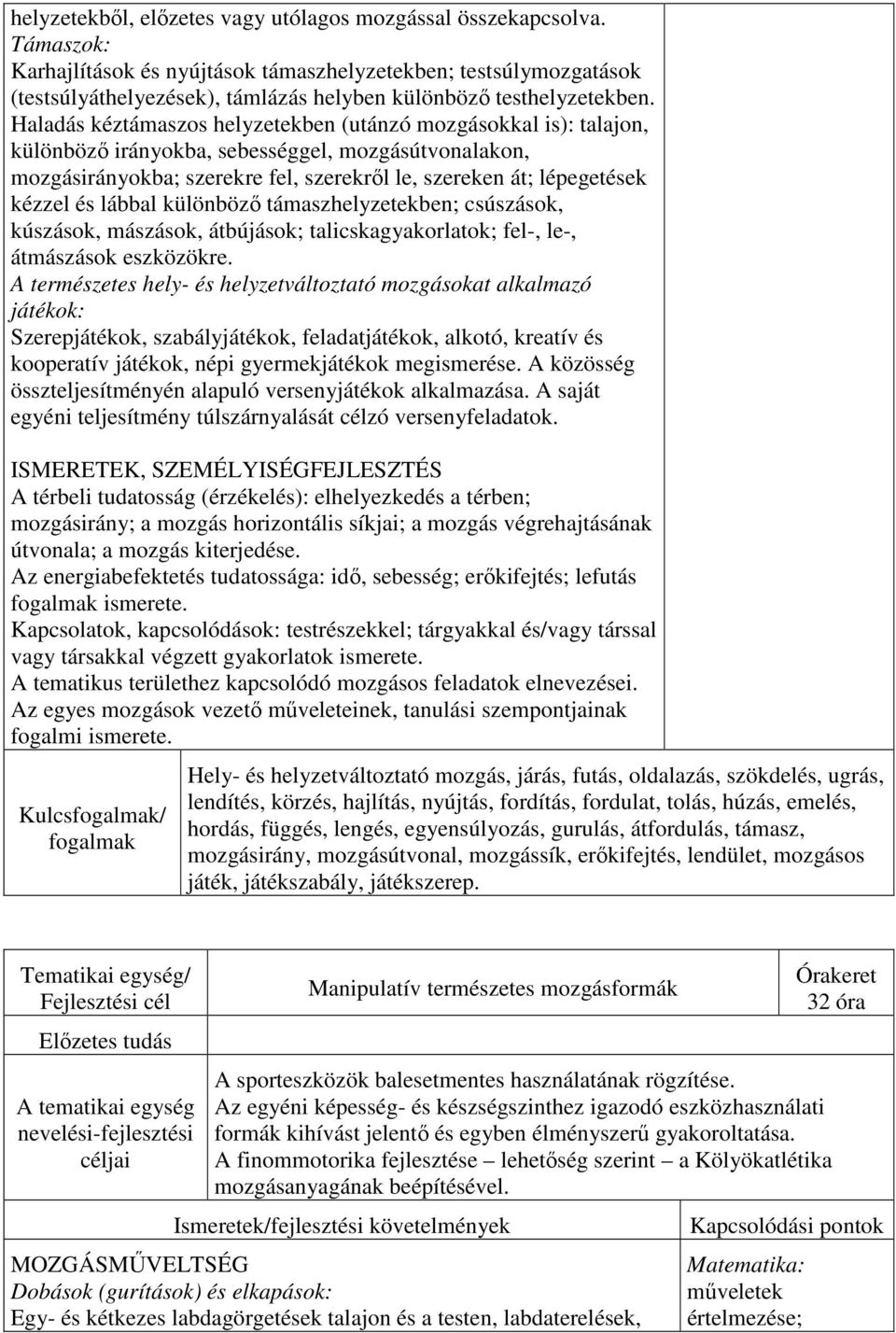 Haladás kéztámaszos helyzetekben (utánzó mozgásokkal is): talajon, különböző irányokba, sebességgel, mozgásútvonalakon, mozgásirányokba; szerekre fel, szerekről le, szereken át; lépegetések kézzel és