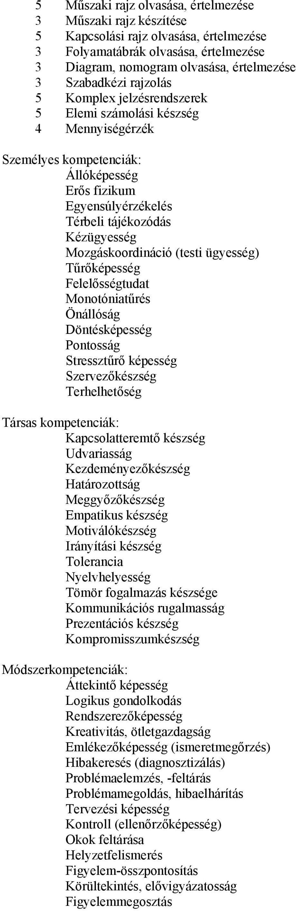 (testi ügyesség) Tűrőképesség Felelősségtudat Monotóniatűrés Önállóság Döntésképesség Pontosság Stressztűrő képesség Szervezőkészség Terhelhetőség Társas kompetenciák: Kapcsolatteremtő készség