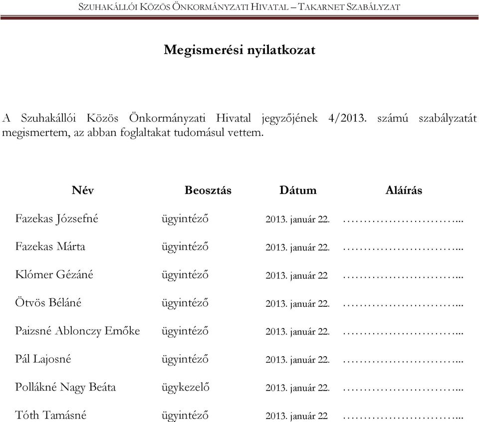 január 22.... Fazekas Márta ügyintéző 2013. január 22.... Klómer Gézáné ügyintéző 2013. január 22... Ötvös Béláné ügyintéző 2013.