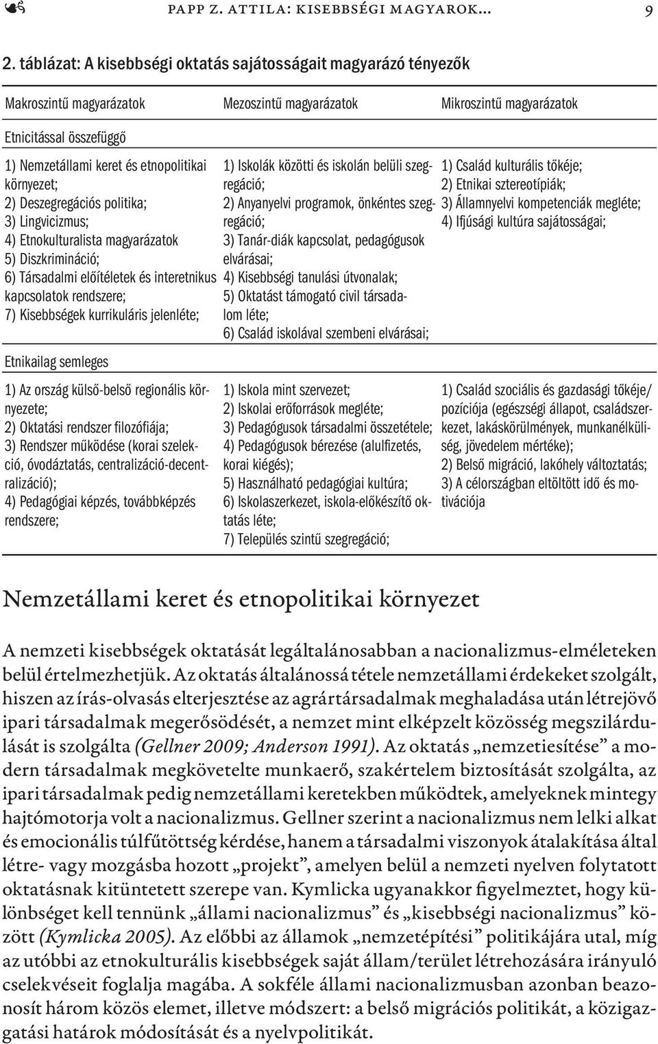 etnopolitikai környezet; 1) Iskolák közötti és iskolán belüli szegregáció; 1) Család kulturális tőkéje; 2) Etnikai sztereotípiák; 2) Deszegregációs politika; 2) Anyanyelvi programok, önkéntes