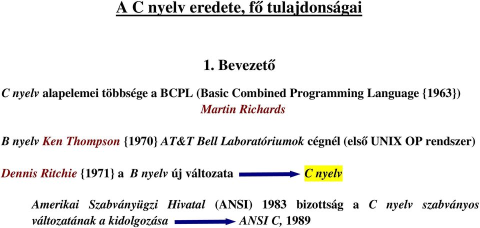 Richards B nyelv Ken Thompson {1970} AT&T Bell Laboratóriumok cégnél (első UNIX OP rendszer)