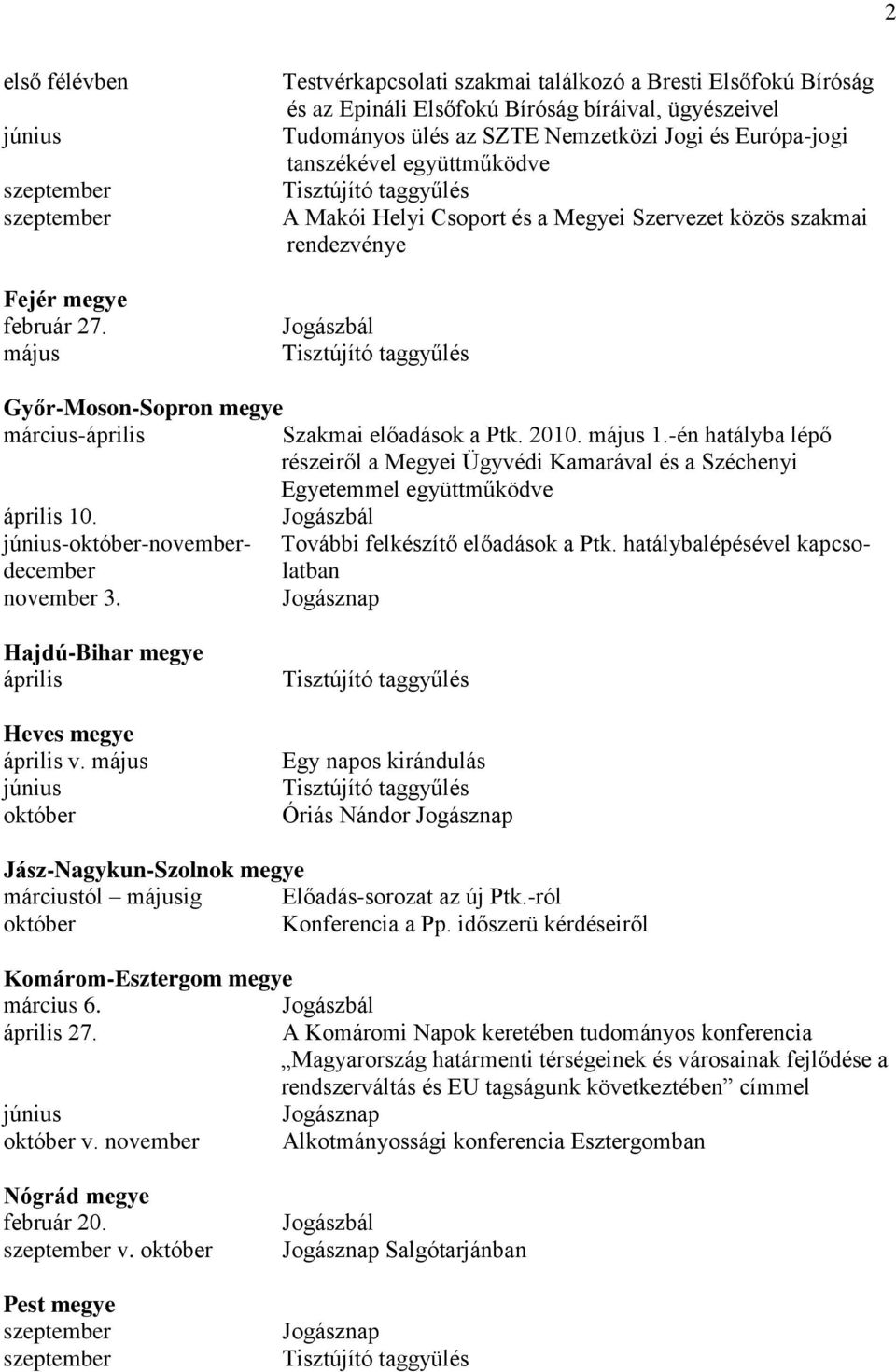 -én hatályba lépő részeiről a Megyei Ügyvédi Kamarával és a Széchenyi Egyetemmel együttműködve 10. --november- További felkészítő előadások a Ptk. hatálybalépésével kapcsodecember latban november 3.