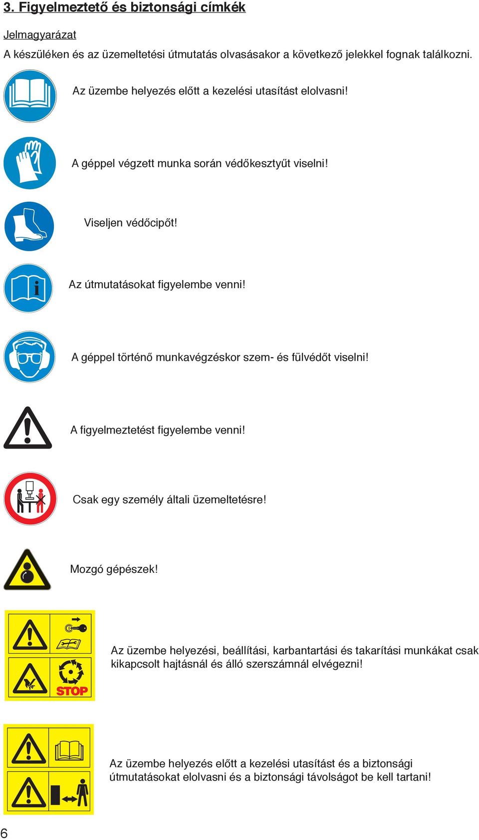 A géppel történő munkavégzéskor szem- és fülvédőt viselni! A figyelmeztetést figyelembe venni! Csak egy személy általi üzemeltetésre! Mozgó gépészek!