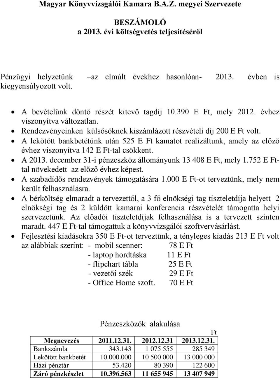 A lekötött bankbetétünk után 525 E Ft kamatot realizáltunk, amely az előző évhez viszonyítva 142 E Ft-tal csökkent. A 2013. december 31-i pénzeszköz állományunk 13 408 E Ft, mely 1.