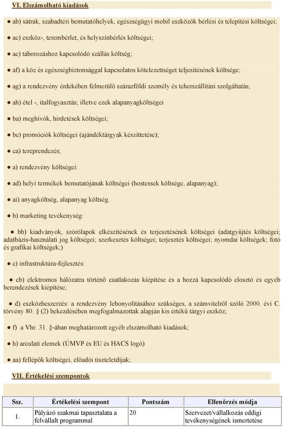 szolgáltatás; ah) étel -, italfogyasztás; illetve ezek alapanyagköltségei ba) meghívók, hirdetések költségei; be) promóciók költségei (ajándéktárgyak készíttetése); ca) tereprendezés; a) rendezvény