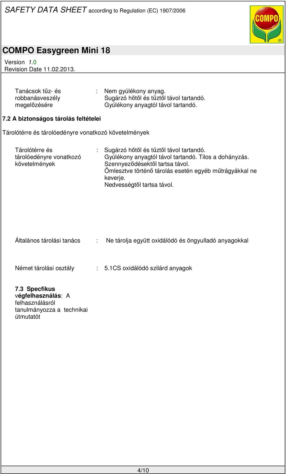 Gyúlékony anyagtól távol tartandó. Tilos a dohányzás. Szennyeződésektől tartsa távol. Ömlesztve történő tárolás esetén egyéb műtrágyákkal ne keverje. Nedvességtől tartsa távol.