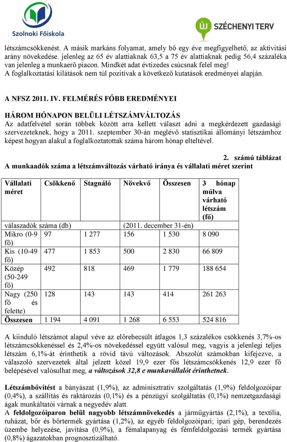 A foglalkoztatási kilátások nem túl pozitívak a következő kutatások eredményei alapján. A NFSZ 2011. IV.