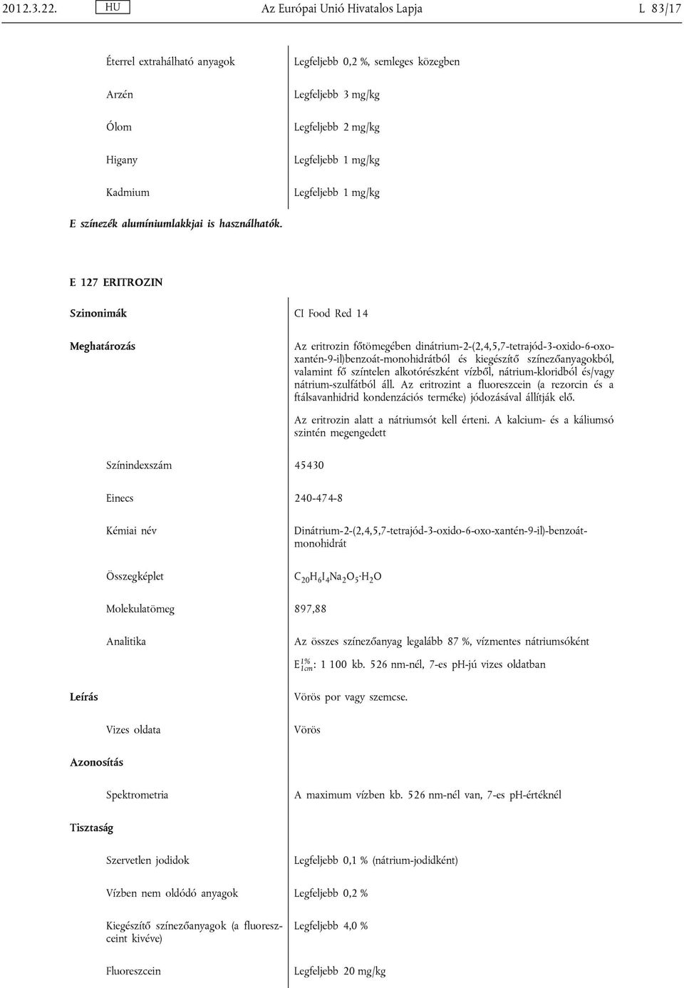 alkotórészként vízből, nátrium-kloridból és/vagy nátrium-szulfátból áll. Az eritrozint a fluoreszcein (a rezorcin és a ftálsavanhidrid kondenzációs terméke) jódozásával állítják elő.