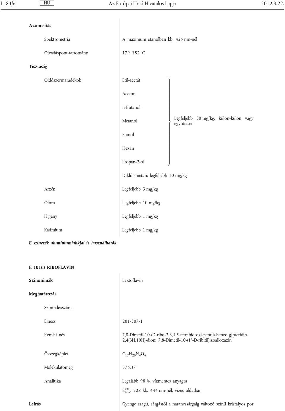Diklór-metán: legfeljebb 10 mg/kg Kadmium Legfeljebb 10 mg/kg E színezék alumíniumlakkjai is használhatók.