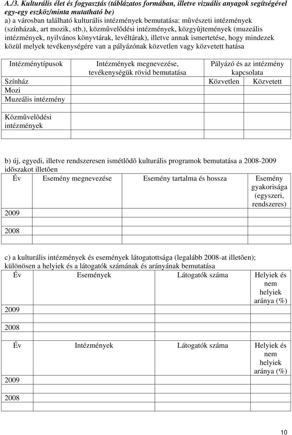 ), közmûvelõdési intézmények, közgyûjtemények (muzeális intézmények, nyilvános könyvtárak, levéltárak), illetve annak ismertetése, hogy mindezek közül melyek tevékenységére van a pályázónak közvetlen