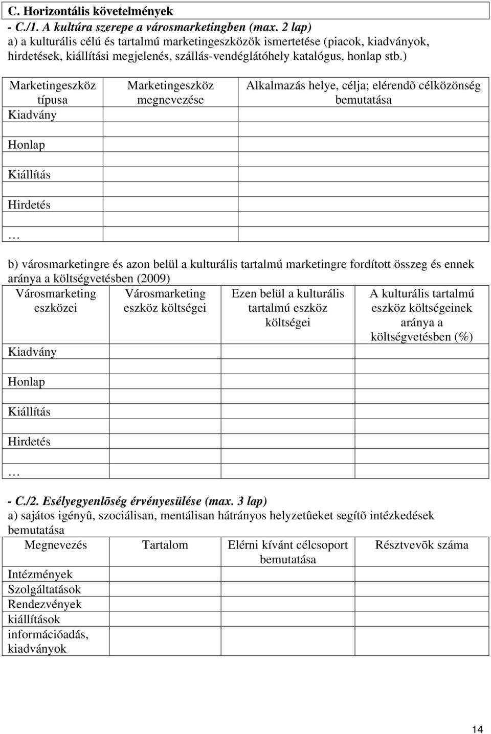 ) Marketingeszköz típusa Kiadvány Honlap Kiállítás Hirdetés Marketingeszköz megnevezése Alkalmazás helye, célja; elérendõ célközönség bemutatása b) városmarketingre és azon belül a kulturális