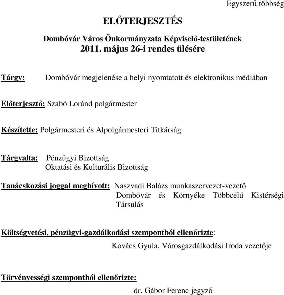 Polgármesteri és Alpolgármesteri Titkárság Tárgyalta: Pénzügyi Bizottság Oktatási és Kulturális Bizottság Tanácskozási joggal meghívott: Naszvadi Balázs