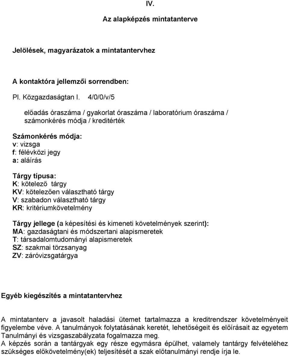 kötelezően választható tárgy V: szabadon választható tárgy KR: kritériumkövetelmény Tárgy jellege (a képesítési és kimeneti követelmények szerint): MA: gazdaságtani és módszertani alapismeretek T: