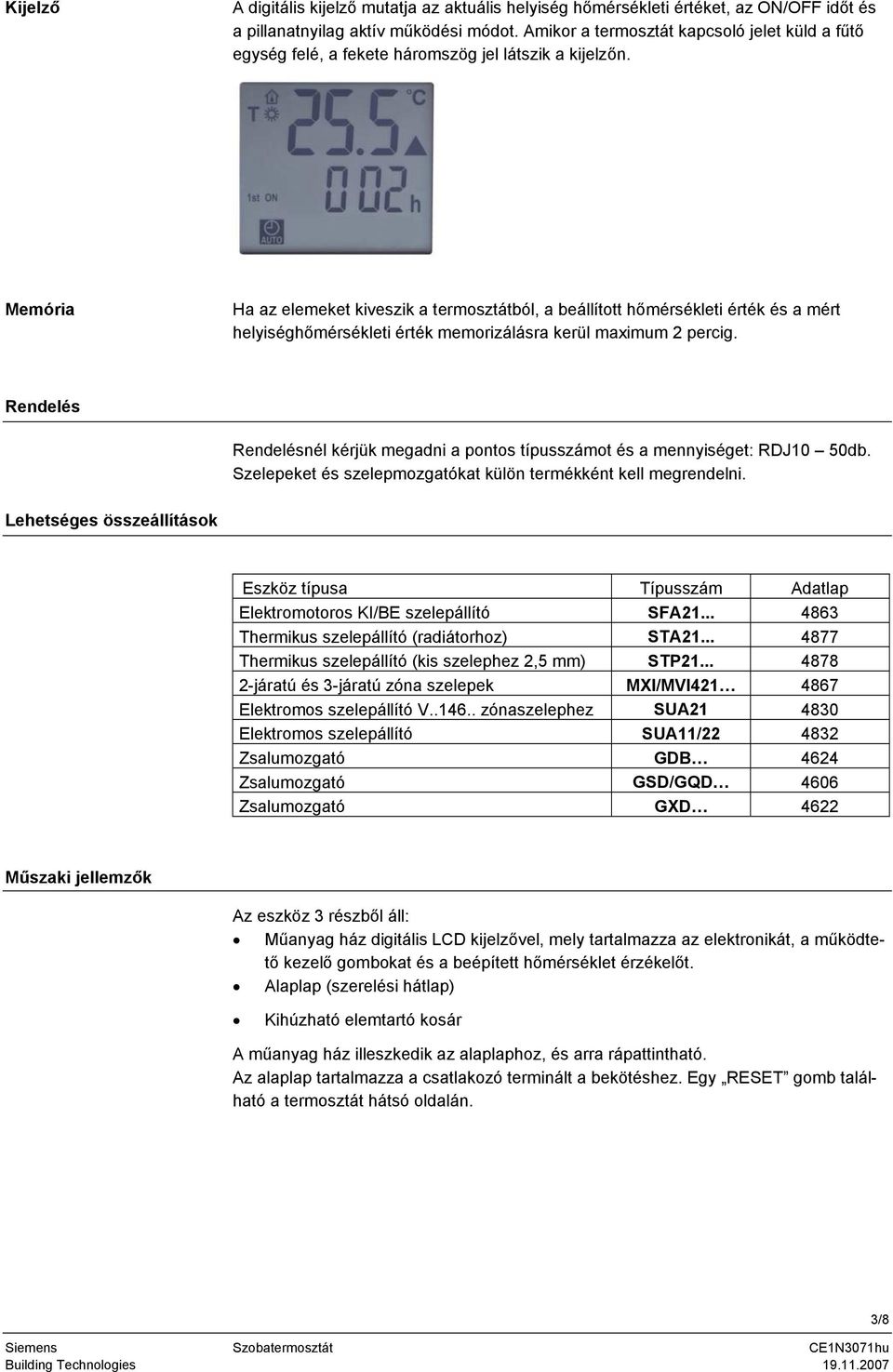 Memória Ha az elemeket kiveszik a termosztátból, a beállított hőmérsékleti érték és a mért helyiséghőmérsékleti érték memorizálásra kerül maximum 2 percig.