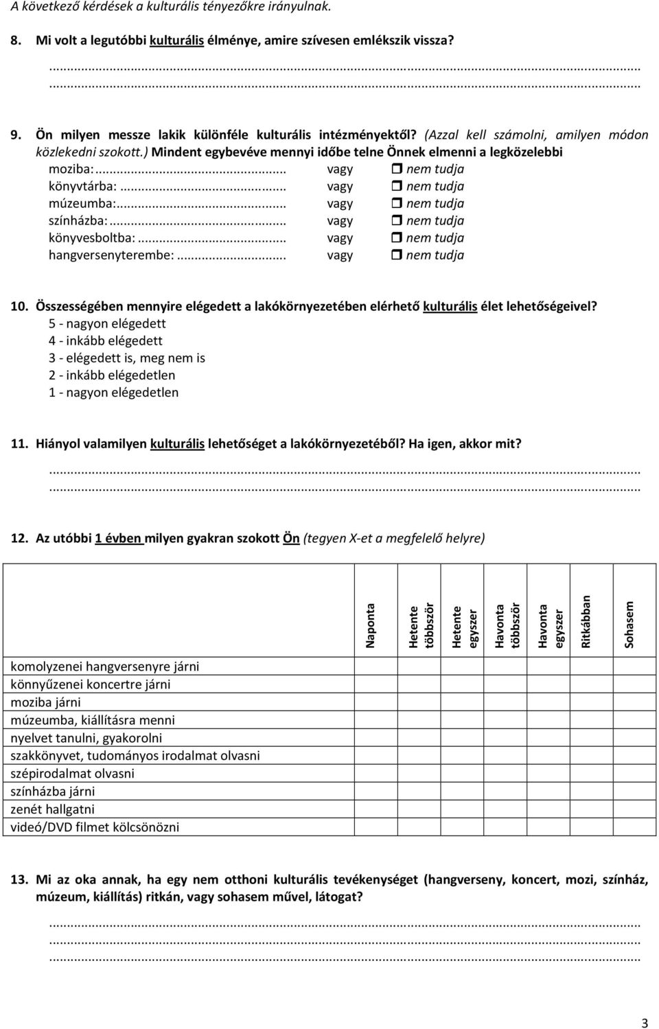 .. vagy tudja színházba:... vagy tudja könyvesboltba:... vagy tudja hangversenyterembe:... vagy tudja 10. Összességében mennyire elégedett a lakókörnyezetében elérhető kulturális élet lehetőségeivel?