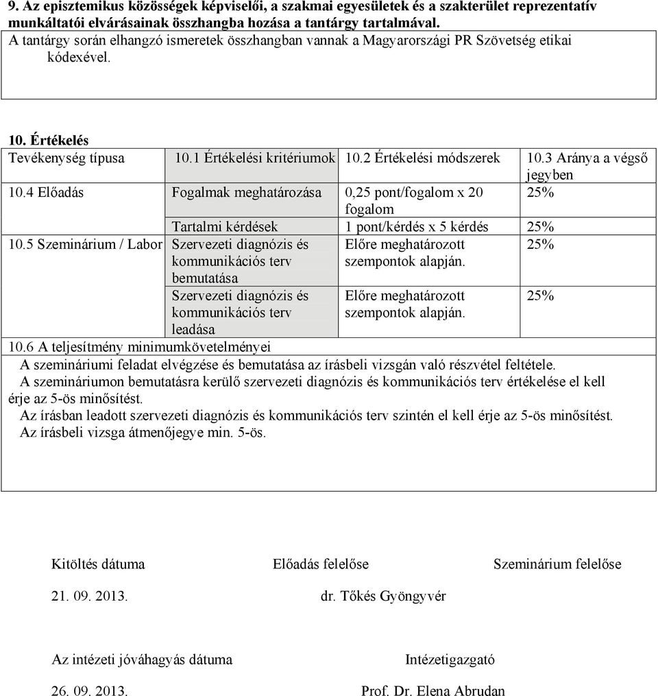 3 Aránya a végső jegyben 10.4 Előadás Fogalmak meghatározása 0,25 pont/fogalom x 20 fogalom 25% 10.