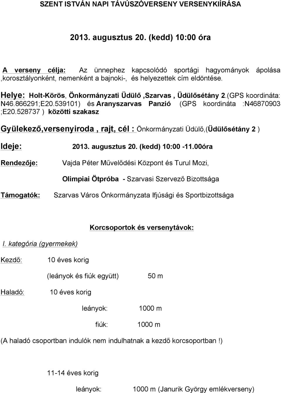 Helye: Holt-Körös, Önkormányzati Üdülő,Szarvas, Üdülősétány 2.(GPS koordináta: N46.866291;E20.539101) és Aranyszarvas Panzió (GPS koordináta :N46870903 ;E20.