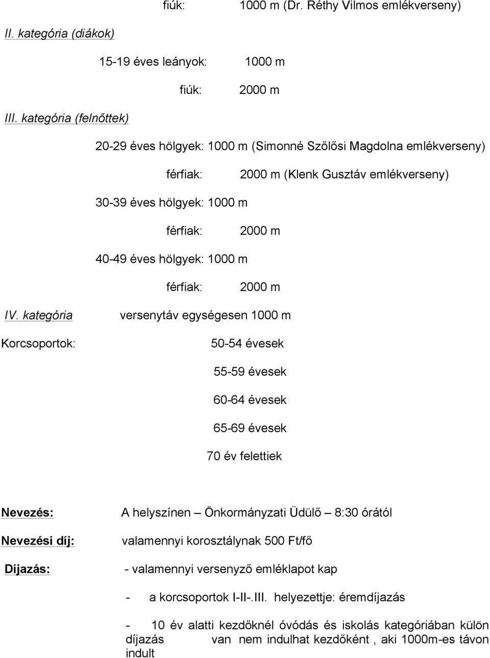 kategória Korcsoportok: versenytáv egységesen 1000 m 50-54 évesek 55-59 évesek 60-64 évesek 65-69 évesek 70 év felettiek Nevezés: Nevezési díj: Díjazás: A helyszínen Önkormányzati