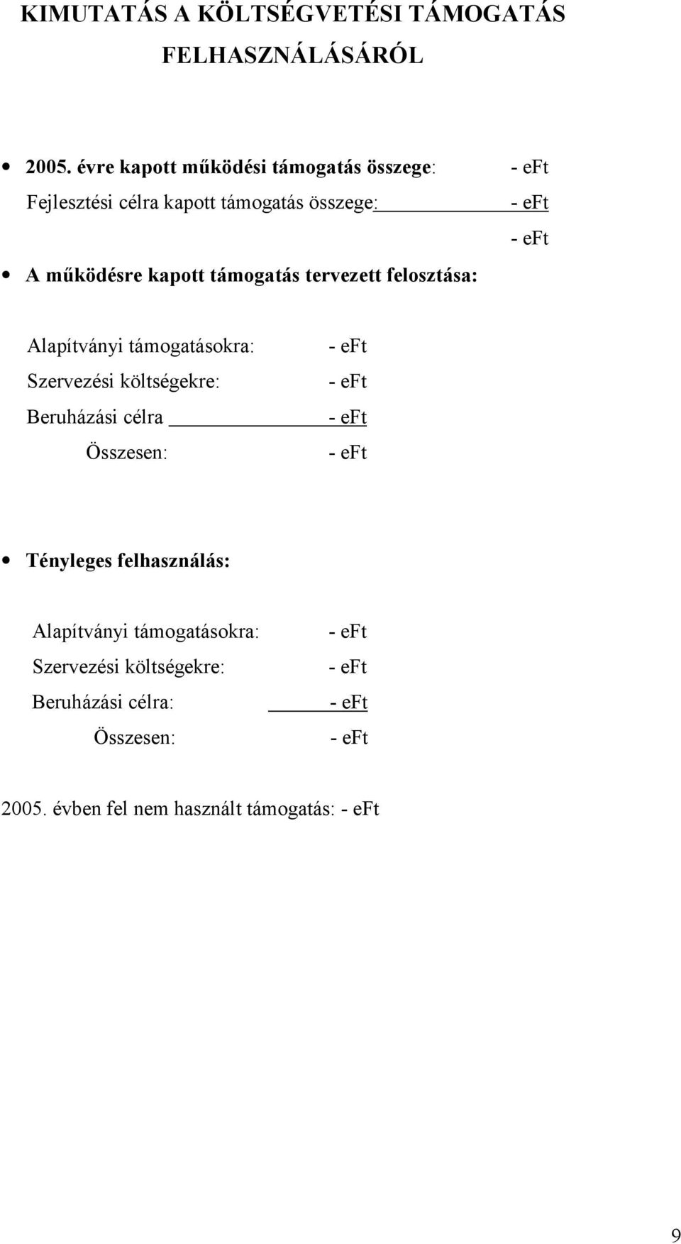 támogatás tervezett felosztása: Alapítványi támogatásokra: Szervezési költségekre: Beruházási célra