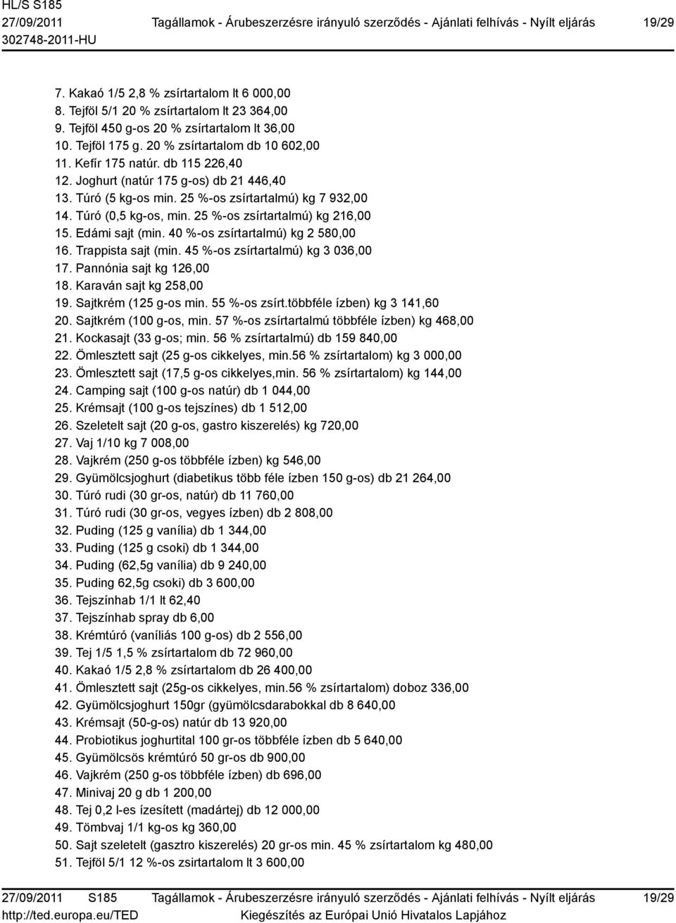 Edámi sajt (min. 40 %-os zsírtartalmú) kg 2 580,00 16. Trappista sajt (min. 45 %-os zsírtartalmú) kg 3 036,00 17. Pannónia sajt kg 126,00 18. Karaván sajt kg 258,00 19. Sajtkrém (125 g-os min.